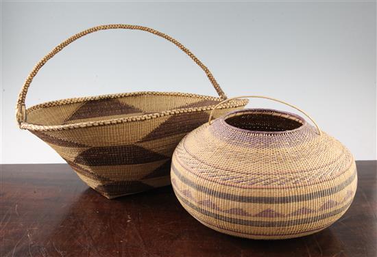 Two hand woven baskets, possibly native American Indian, 11.5in. and 18in.